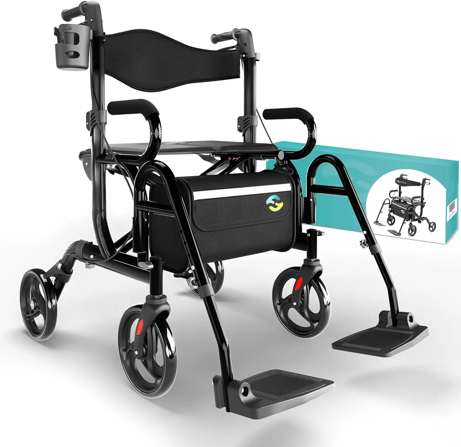 2 in 1 Walker Wheelchair Combo - Foldable Aluminum Rollator with Footrests, 300 lbs Capacity
