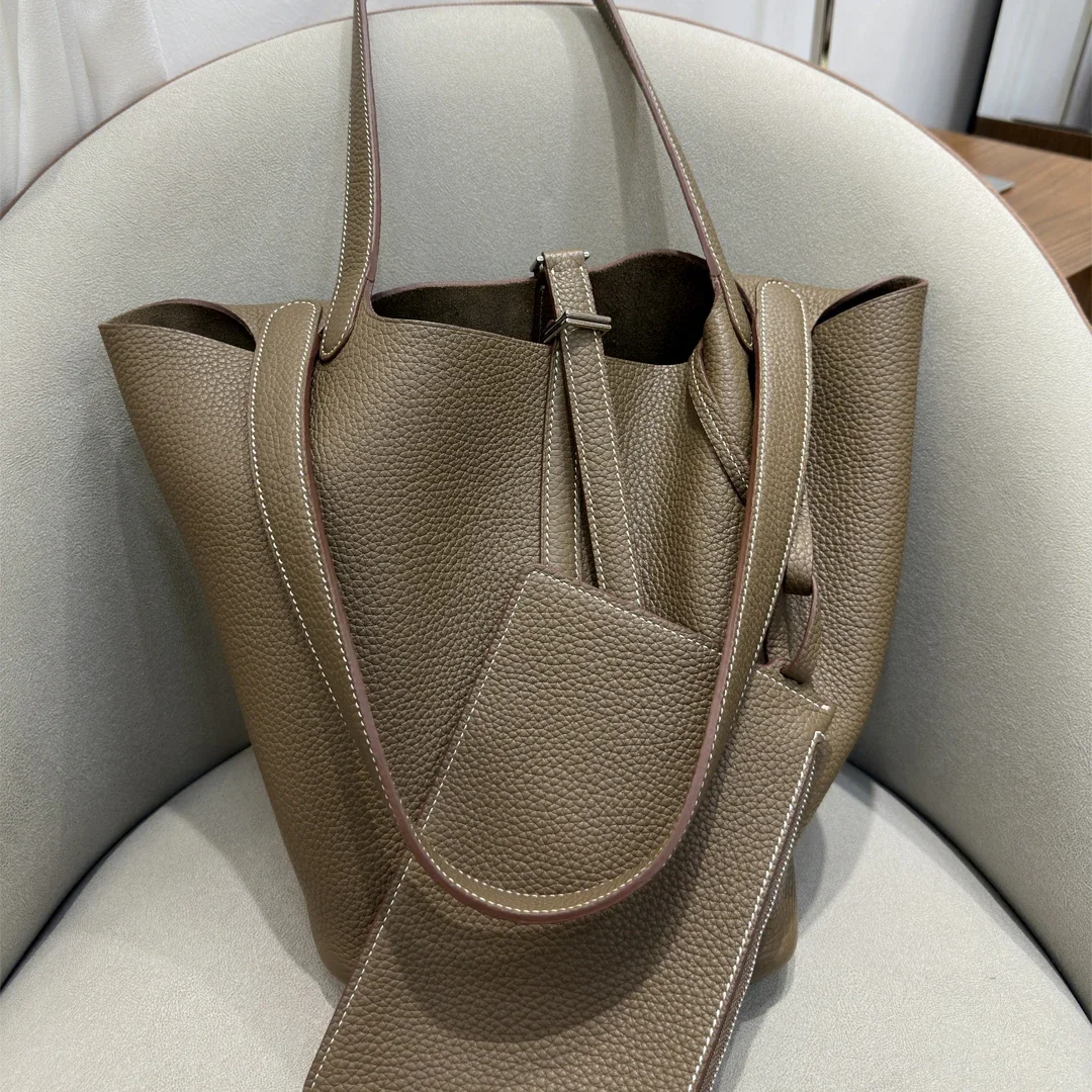 

Genuine Leather Bucket Bag Underarm Bag Extended Handheld 22cm New Pattern Fashion Versatile Shoulder Bag Top Layer Leather