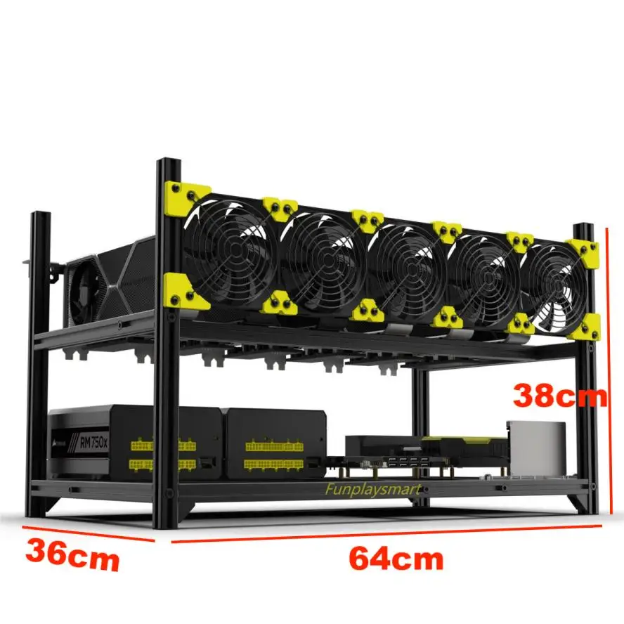 Funplaysmart-V4C 6-GPU 알루미늄 마이닝 케이스, 스택 형 마이너 프레임, 팬 브래킷이 있는 오픈 피트 리그 랙, Ethereum (ETH 등)