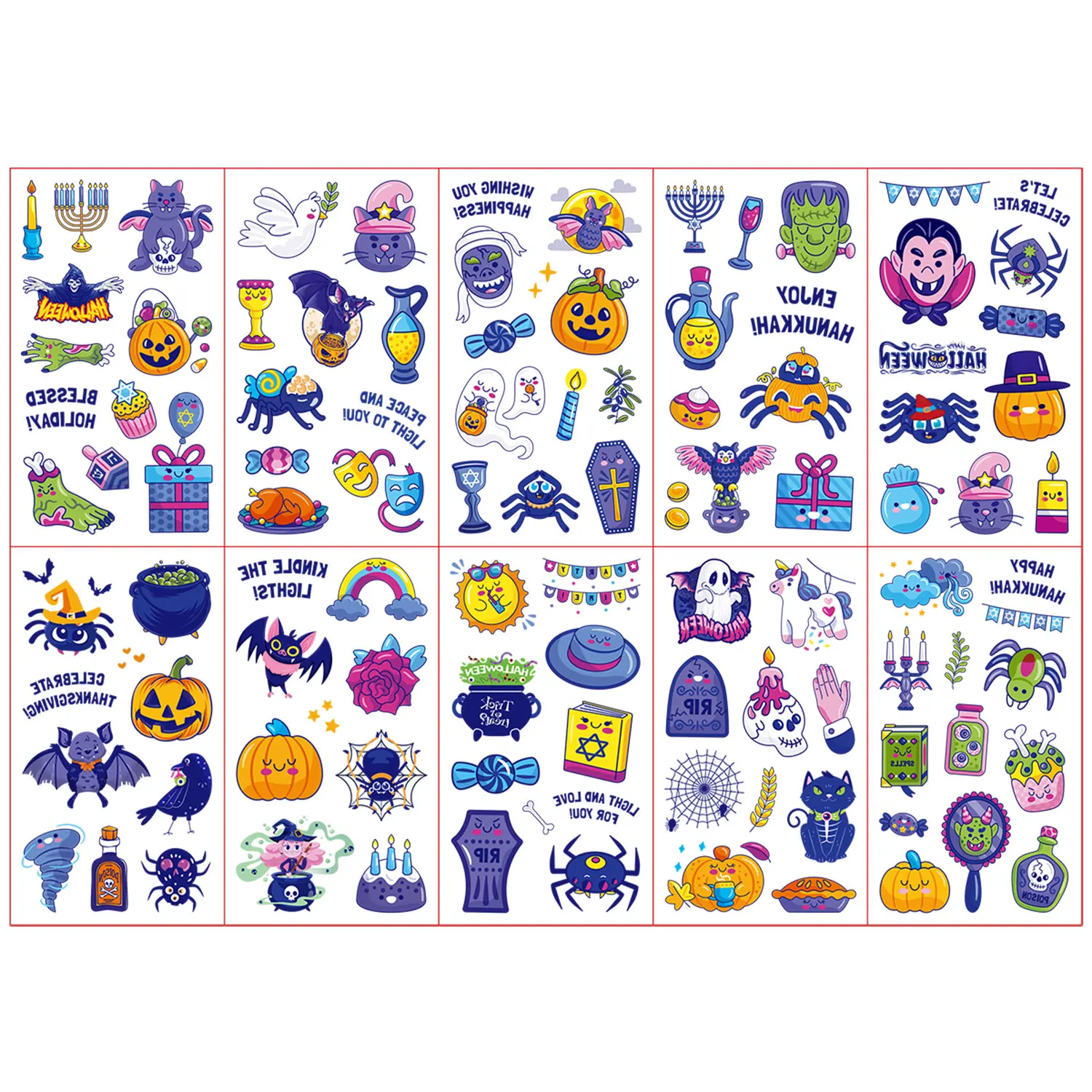 10 أوراق من ملصقات الوشم المؤقت تتميز بـ 110 تصميمًا كرتونيًا لقرع الهالوين والعناكب والخفافيش والزومبي ومصاصي الدماء
