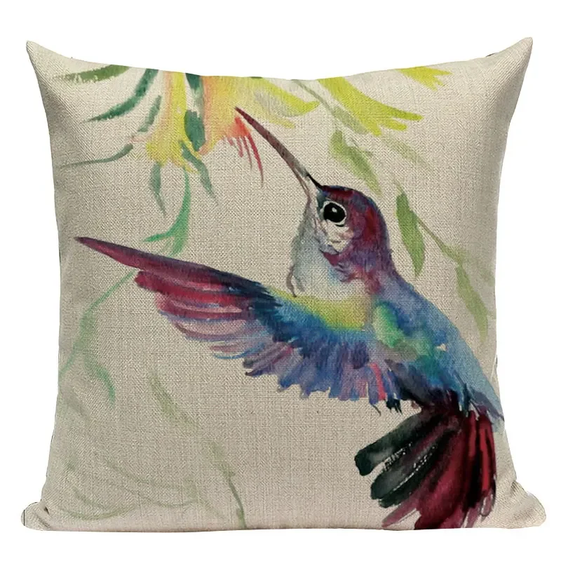 Cotton Linen Decorative Sofa Covers Watercolor Plant Bird Lumbar Pillow Covers Cushion Cover Home Decoration Pillowcase 45X45CM