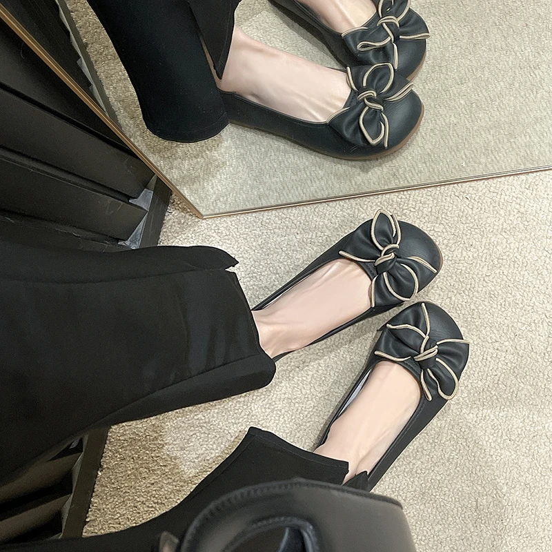 Preciosos zapatos planos dulces para mujer, zapatos informales sin cordones con punta redonda para mujer, zapatos planos con plataforma con nudo de mariposa sólido de talla grande
