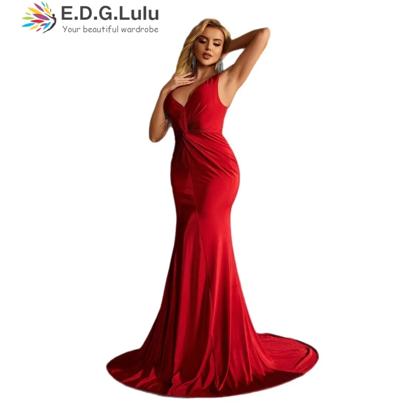 EDGLuLu 여성을위한 민소매 우아한 드레스 높은 허리 주름 긴 인어 드레스 섹시한 백리스 파티 이브닝 ​​가운 0603