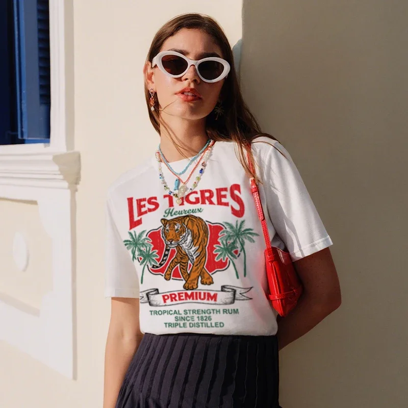 Hahayule النمر مطبوعة ريترو الجرافيك تيز الهبي بوهو الجمالية تي شيرت لطيف الصيف قصيرة الأكمام المرأة تي شيرت الملابس النسائية #2
