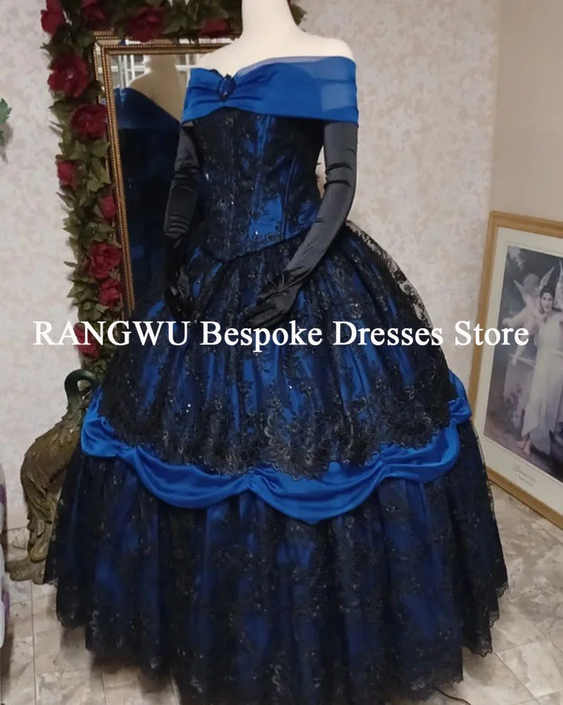ชุดแต่งงานสไตล์วิคตอเรียน ชุดราตรีทรงบอลกาวน์ ปี 2026 แบบเปิดไหล่ ประดับลูกไม้ สีน้ำเงิน-ดำ ชุดเจ้าสาวแบบคอร์เซ็ท ชุดงานเลี้ยงสวมหน้ากาก สามารถสั่งตัดได้