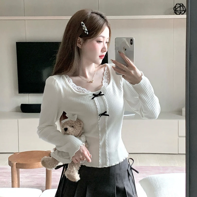 Gidyq Sweet T Shirt Women Lace Patchwork Slim Long Sleeve Tops Korean Kawaii Preppy Style Bow Crop Tees Female New Spring