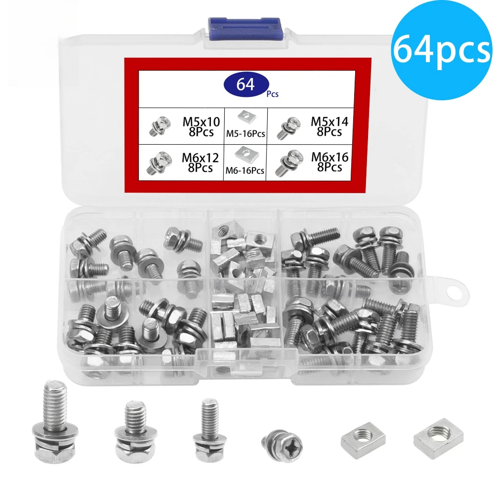 

64pcs/box Nut Bolt Sets Stainless Steel Cross Hexagon Flat Spring Washer Combination Bolts Galvanized Rectangular T-shaped Nuts