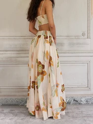 Women Boho Floral 2 Piece Skirt Set Backless Cami Crop Tops and Flowy Pleated Maxi Skirt Outfits Streetwear