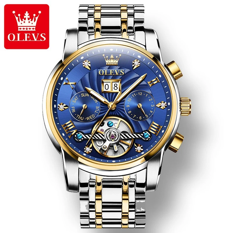 

OLEVS 9910 Mechanical Business Watch Gift Round-dial Stainless Steel Watchband Month Display Calendar Luminous Tourbillon