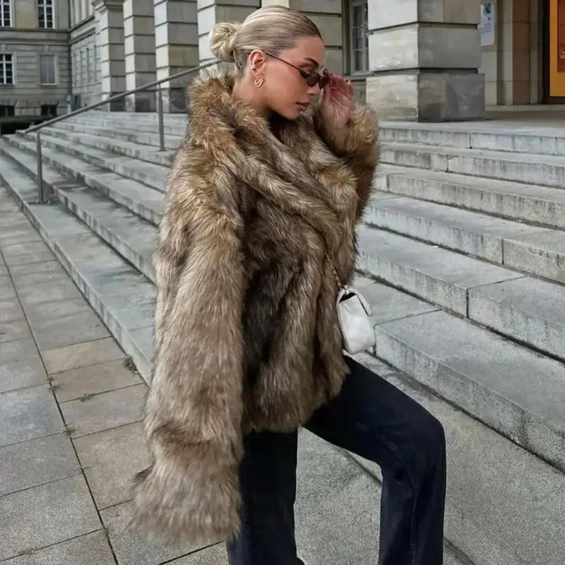 Tuularose Elegant Brown Fluffy Faux Fur Thicken Jacket Chic Female Lapel Long Sleeves Overcoats Autumn Winter Lady Streetwear
