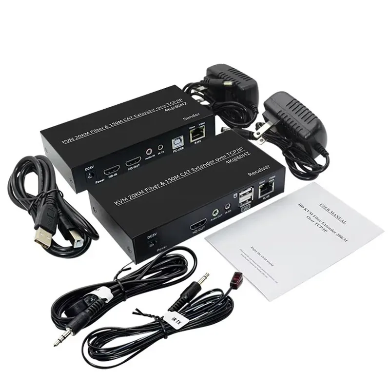 4K60hz 20KM HDMI USB KVM SC Fiber Optic Extender & 150m RJ45 Cat6 Network Cable Extender Video Transmitter Receiver with Audio