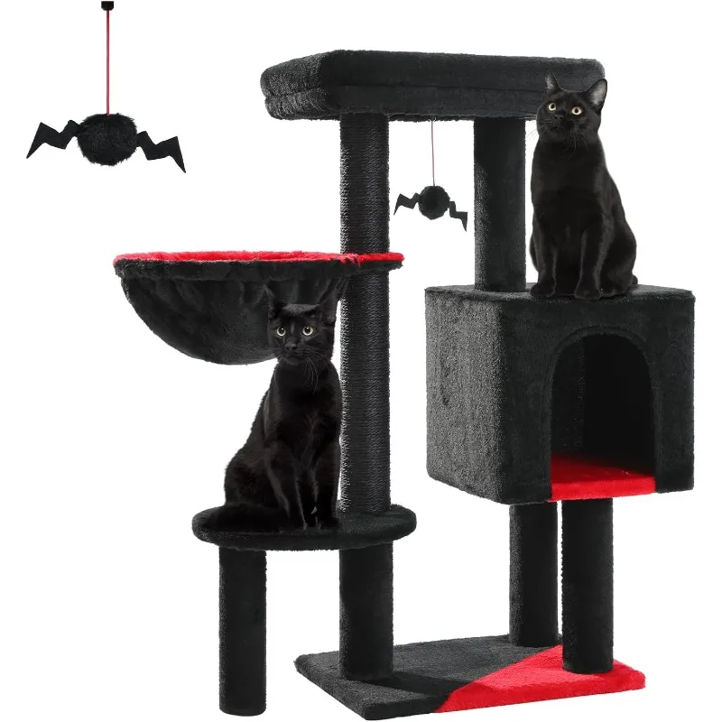 

Gothic Cat Tree, 35.4" Black Cat Tower Cat Condo for Indoor Cats w/Large Coffin Bed, Spooky Dangling Balls