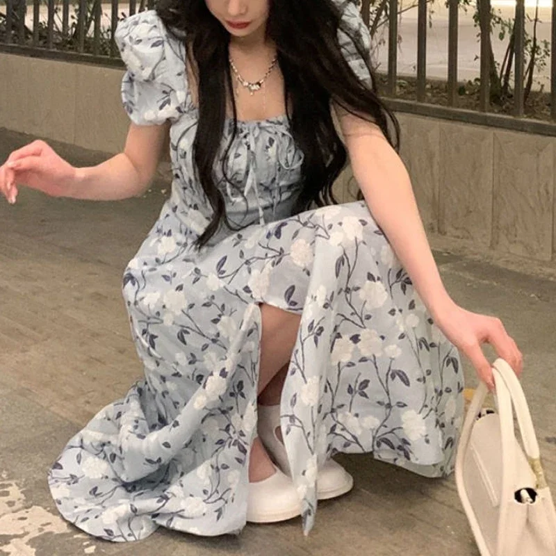Women Summer Fashion Floral Print Square Collar Lace-up Elegant Party Dresses Sweet Chic Short Sleeve Slim Fairy Midi Dress Robe