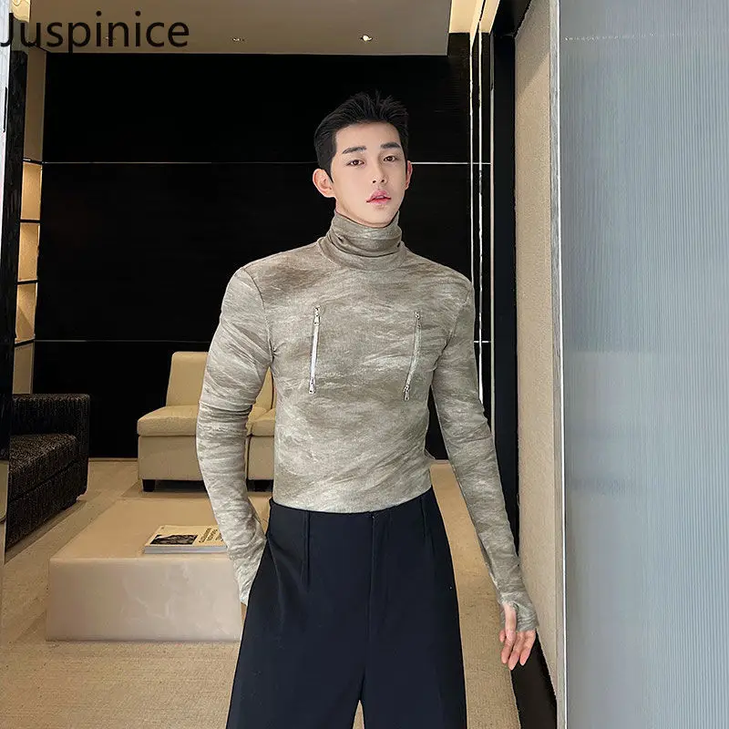 

Juspinice Light Luxury Zipper Tie Dye Design Slim Fit High Neck Base Shirt Men's Trendy Versatile Interior T-shirt Male Clothes