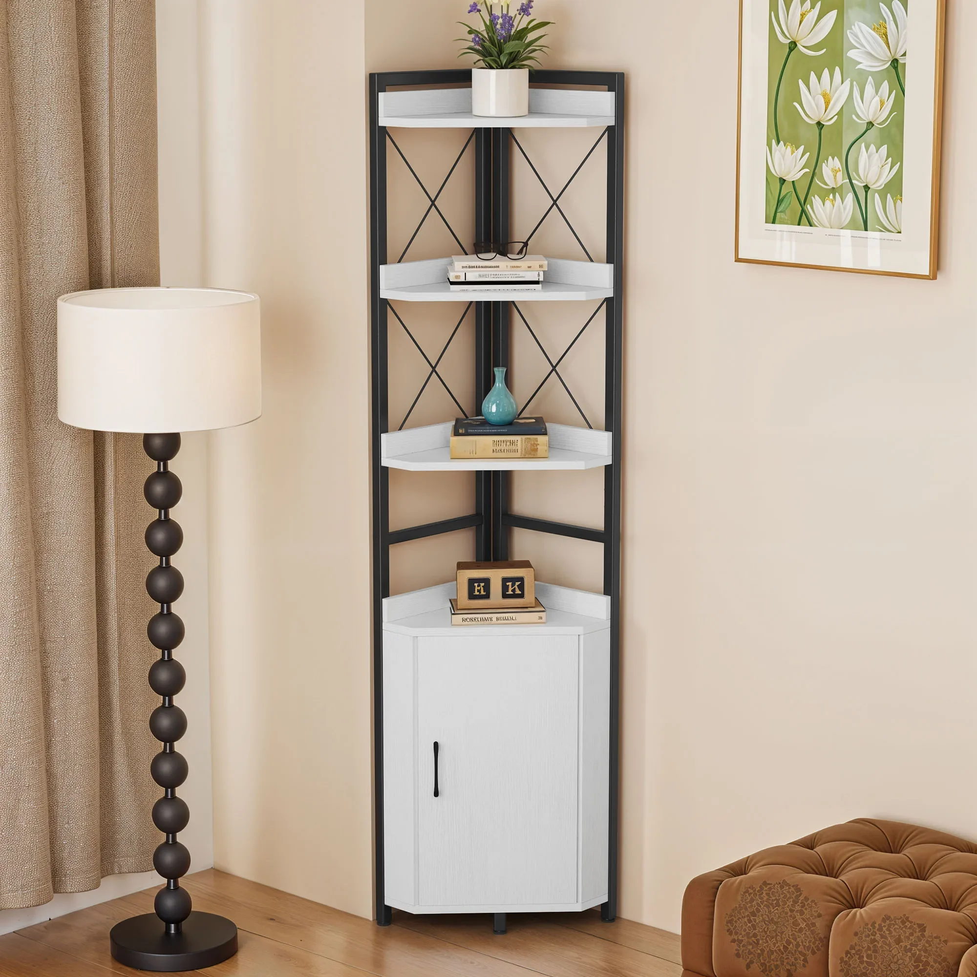 

for Living Room Office Hallway 4-Tier Corner Bookcase Wood Metal Shelf with Cabinet