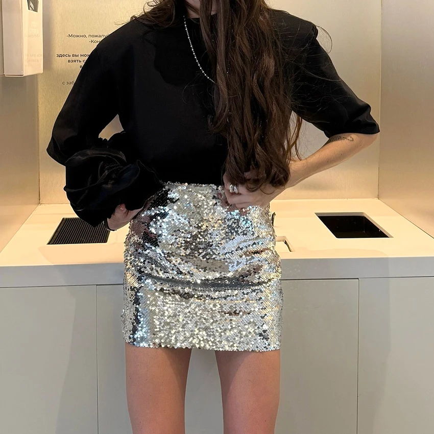

Linad Sexy Sequined Straight Mini Skirts Woman Silver Street Chic High Waist Skirt For Women Summer Party Skirts Female 2025