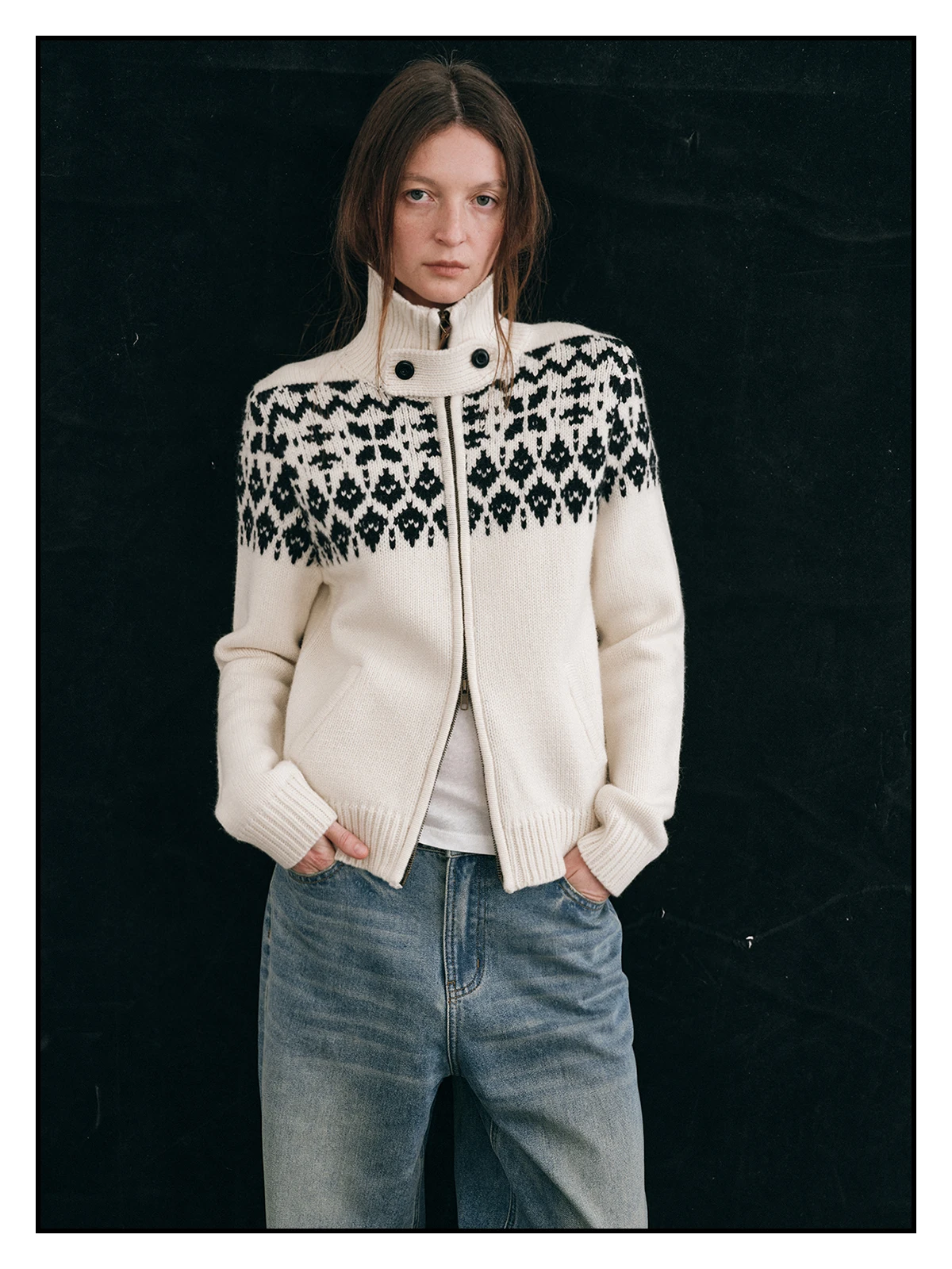 

yy Iceland Trip Zipper Open Cardigan Woolen Full Wool Stand Collar Side ket Fair Isle Pattern Women's Knitted Sweater