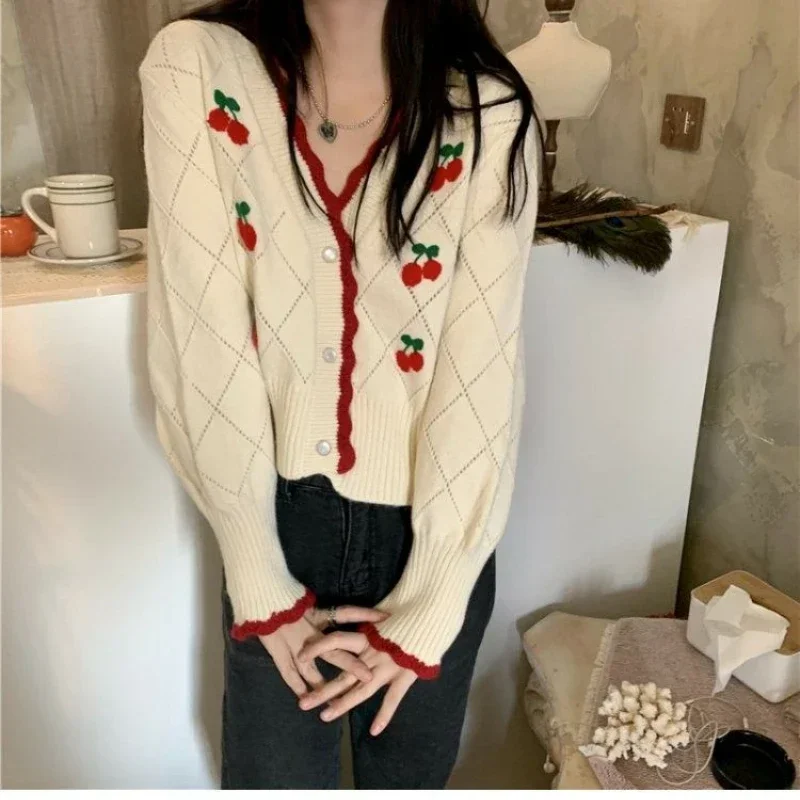 Deeptown Elegant Sweet Knitted Cardigan Women Hollow Out Sweater Korean Style Long Sleeve Kawaii Vintage Autumn Winter Cardigans