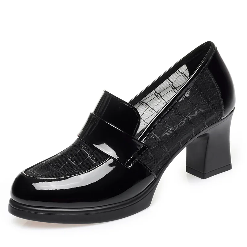 British Style Summer Single Shoes High Heels Waterproof Platform Thick Heel Loafers Mesh Breathable Middle-Aged Leather Shoes