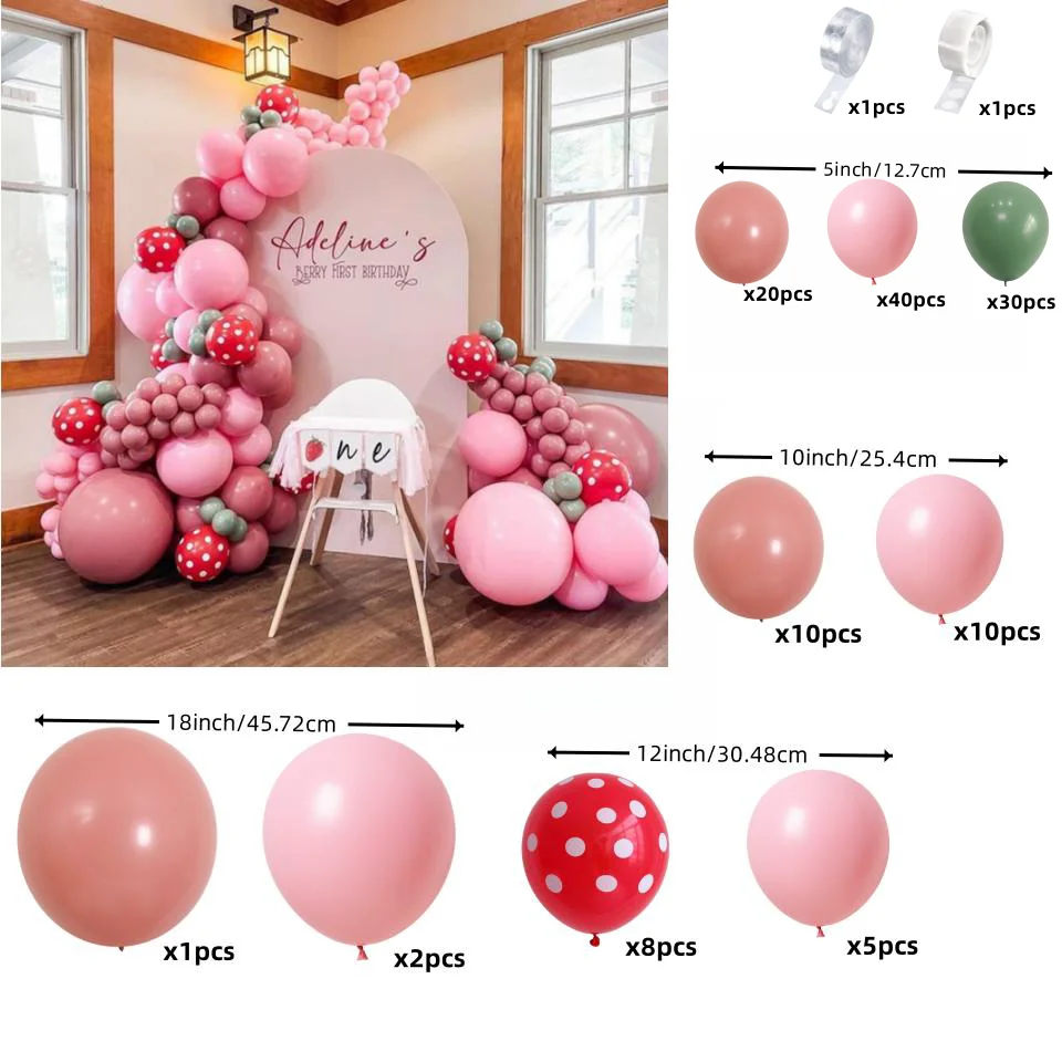 128Pcs A set of pink strawberry themed balloon wreath and arch set for weddings, birthdays, parties and single party decorations