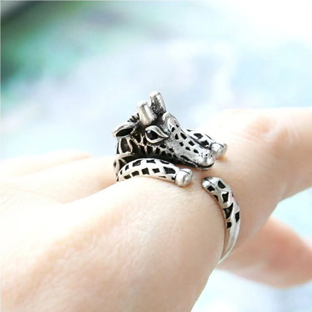 Vintage Lovely Cuff Wrap Silver Planted Adjustable Animal Ring Retro Jewelry Open Finger Ring Giraffe