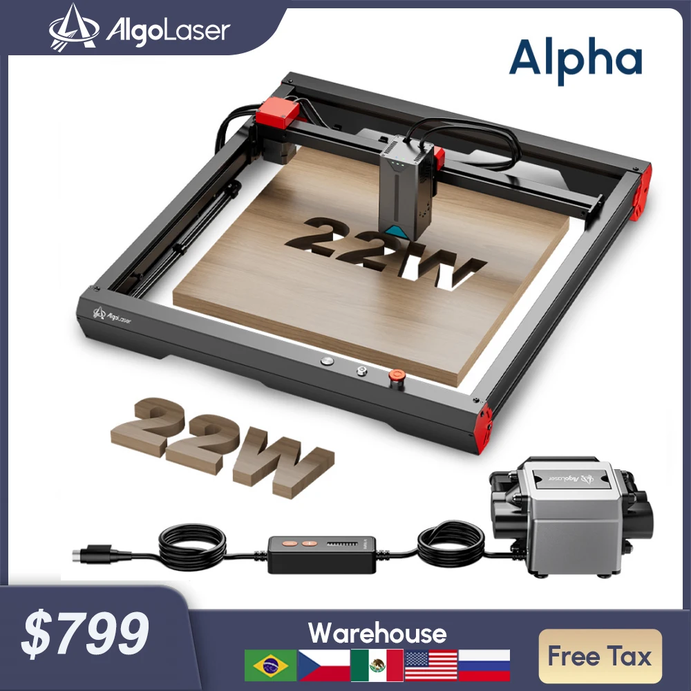 

Tax Free AlgoLaser Alpha 22W Laser Engraver with Auto Air Assist Pump for Logo Steel Wood Plastic Bamboo WIFI DIY Glass Leather