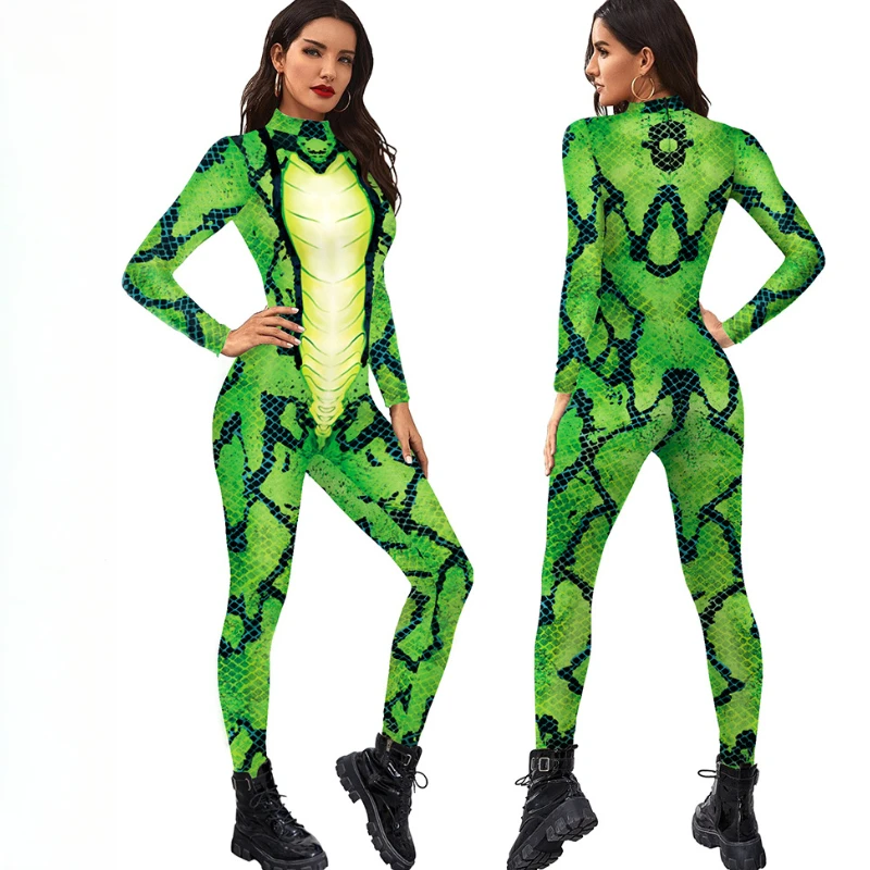 

Women New Serpent Scale Bodysuit Velvet Matte Snake Print Jumpsuit Siren Contoured Stage Costume for Enchanted Halloween