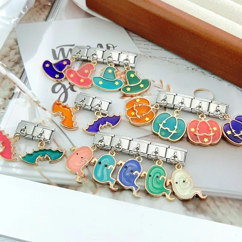 2024 New Women Halloween Pumpkin Hat Ghost Elastic Charms Italian Links Fit 9mm Modular Bracelet Stainless Steel DIY Jewelry