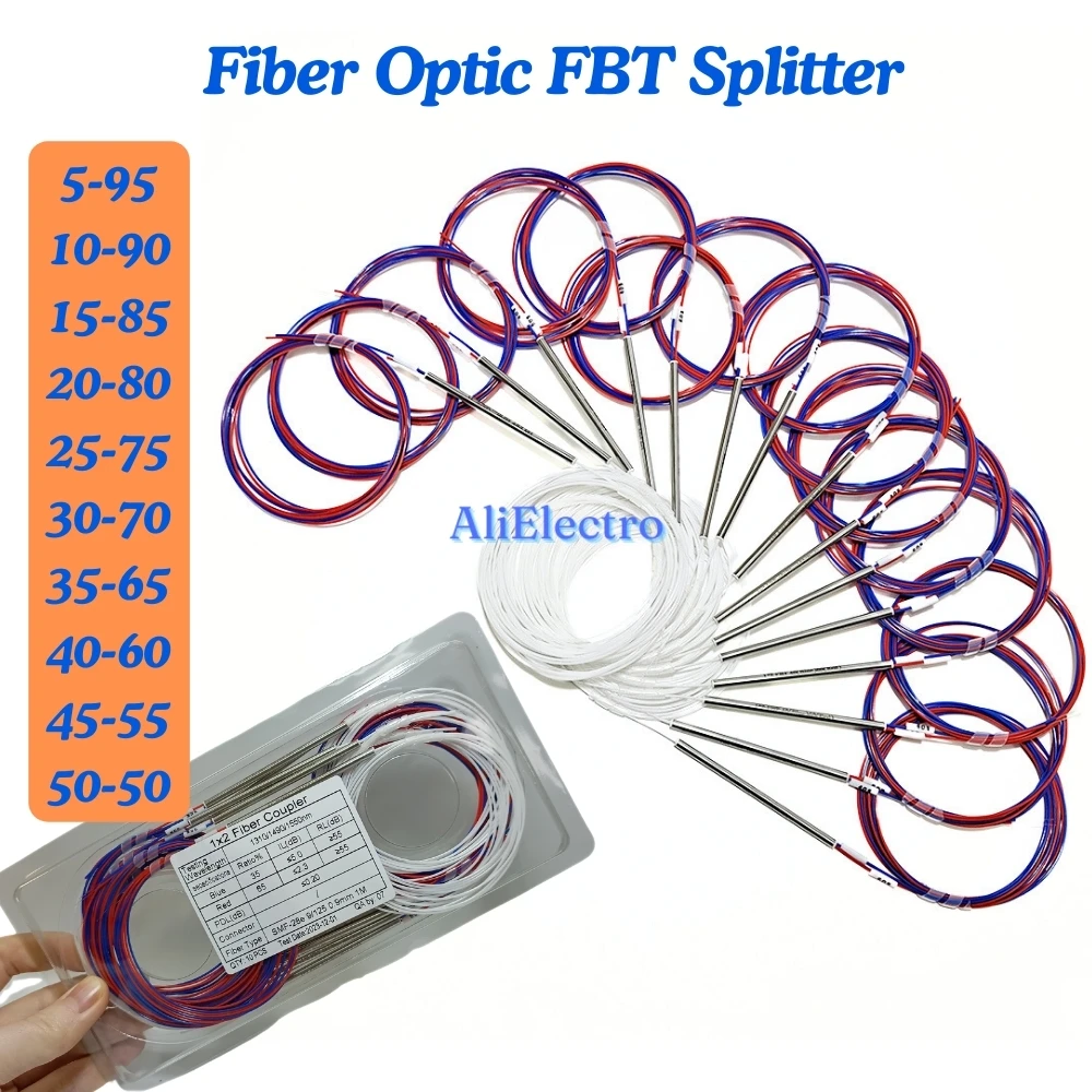 10pcs 1x2 0.9mm 10/90 20/80 30/70 40/60 50/50 Different types unbalanced coupler fiber optic FBT splitter, without connectors