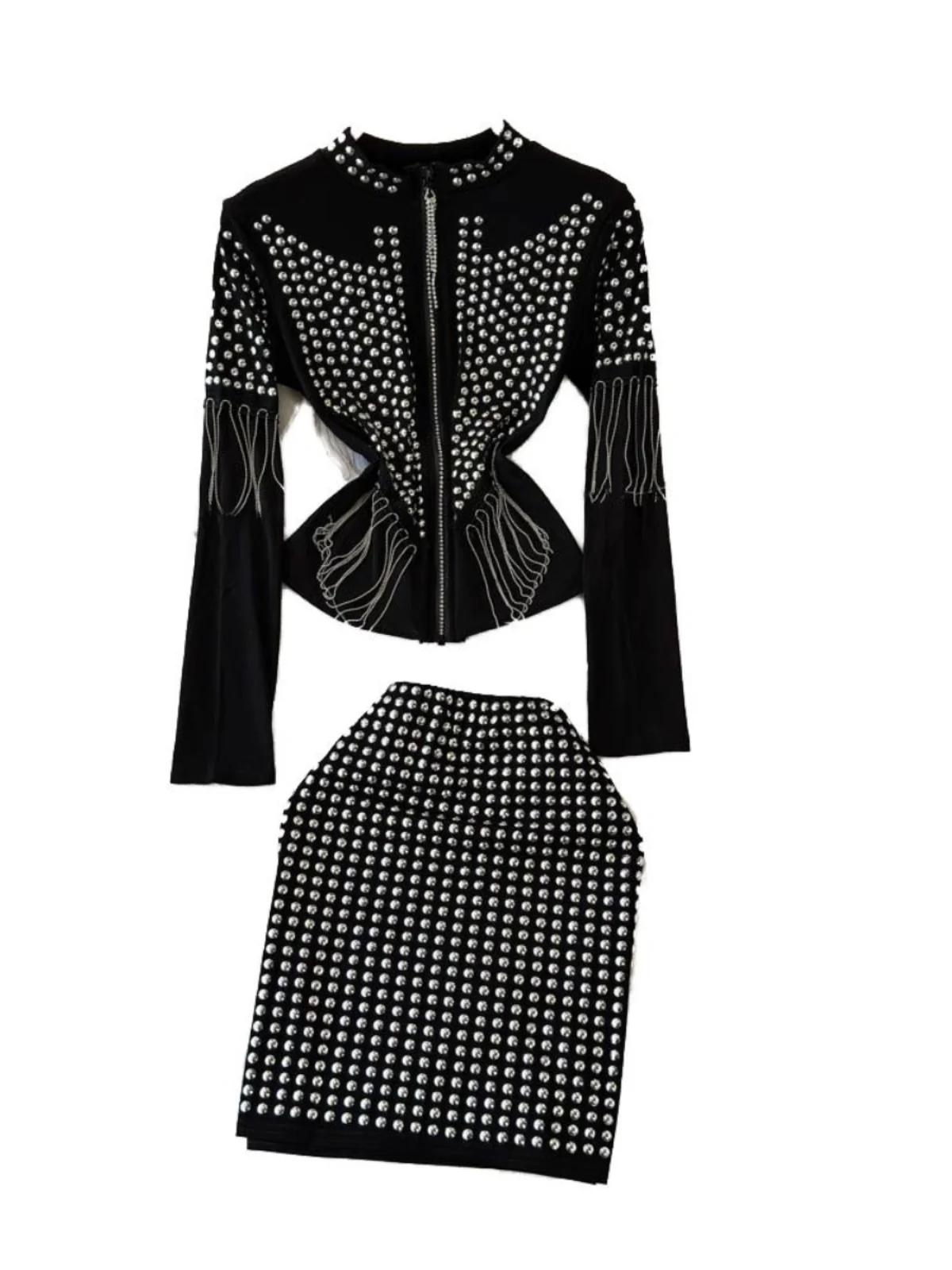 Faionable confortável emagrecimento primavera outono 2024 diamante embelezado trabalho pesado conjunto de duas peças saia superior na moda feminina wear