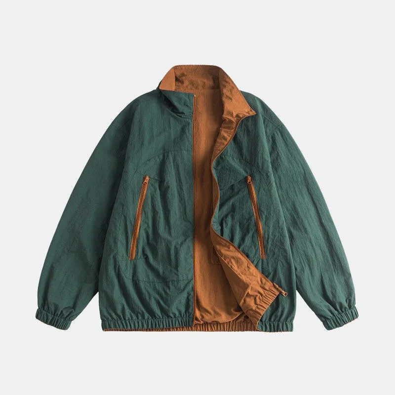 

2026 Spring Japanese Retro Double Sided Jacket Stand Up Collar Men's and Women's Loose Contrast Casual Waterproof Coat