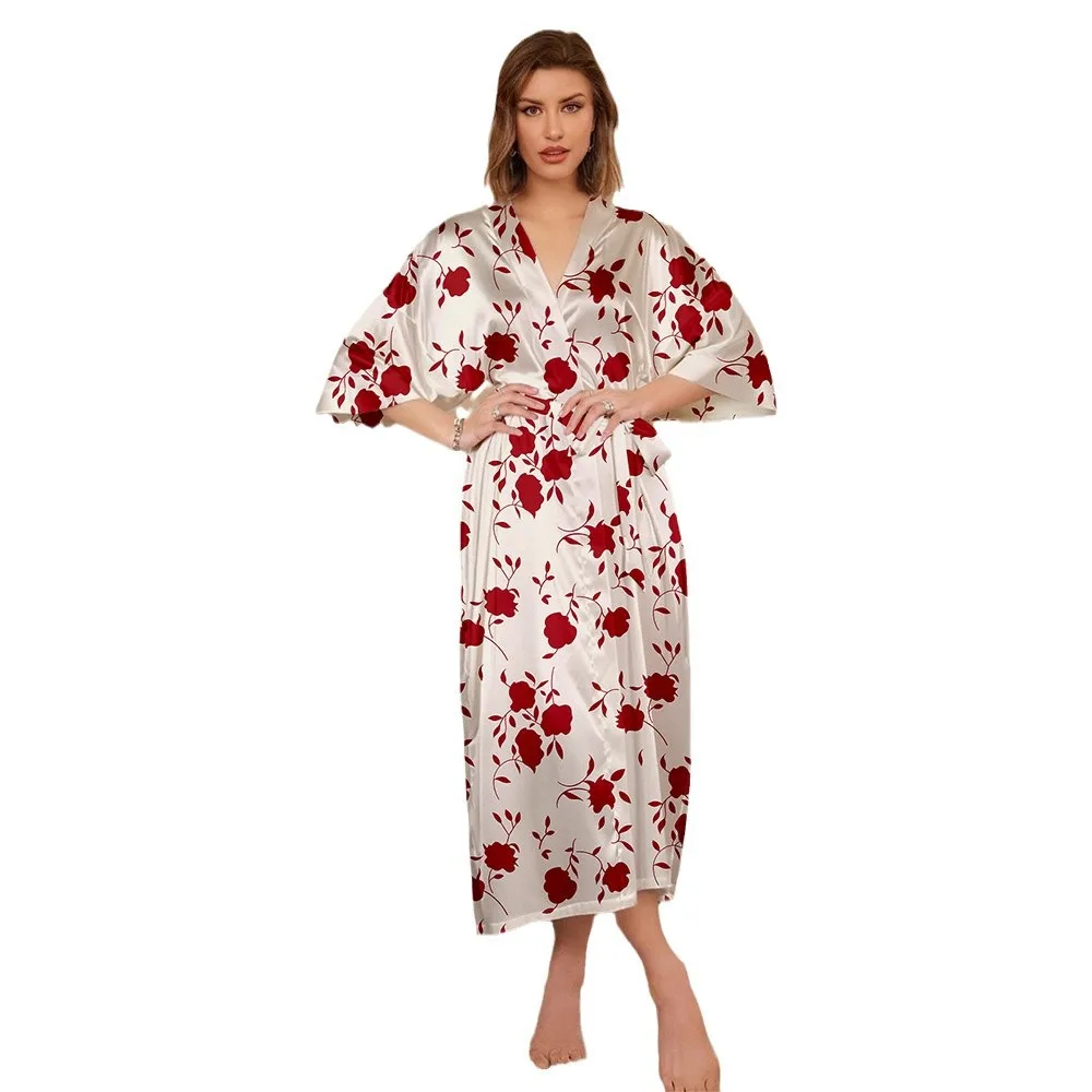 New Style Pajamas for Women Spring and Summer Leisure and Comfortable Thin Ice Silk Printed Robe Home Clothes
