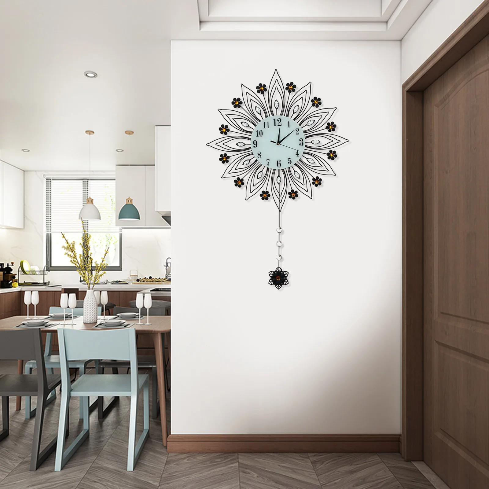 90x64cm Pendulum Clock Flower Shaped Non-Ticking Wall Mount Modern Home Decor Art Clock