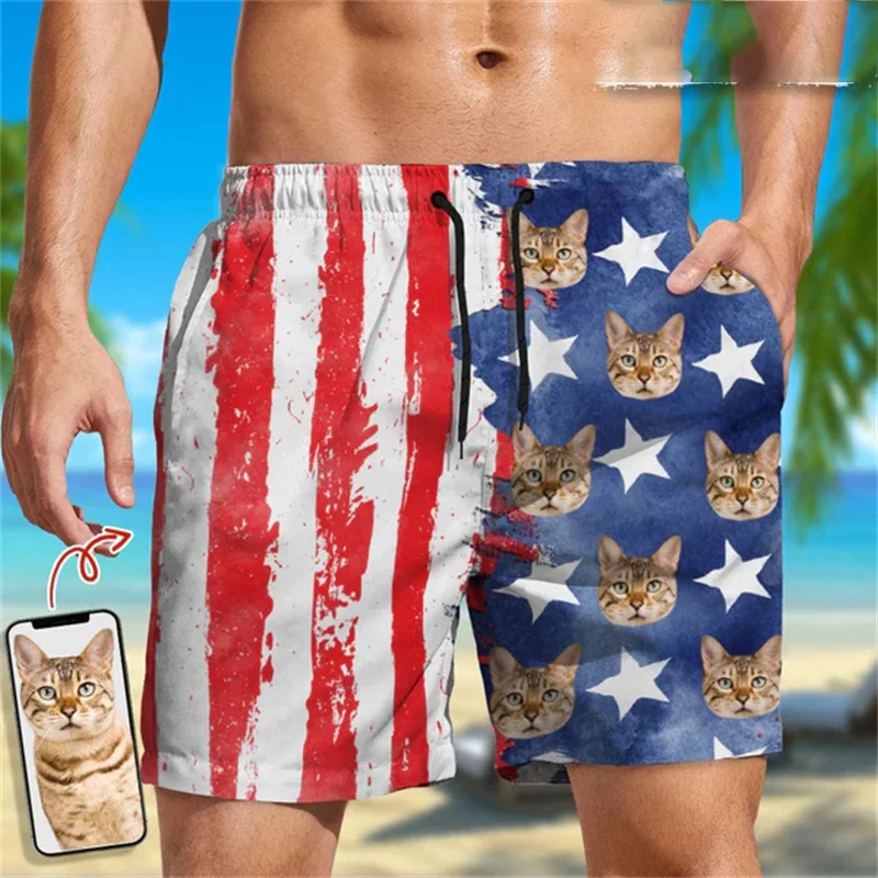 Harajuku 3D America Flag Printed Beach Shorts For Men Funny Custom Face Graphic Swimming Trunks Women Fashion Board Shorts Pants