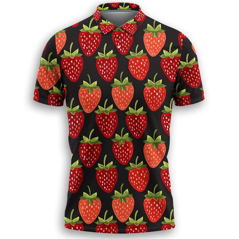 الكرتون الفراولة قميص بولو الرجال Kawaii الشارع قصيرة الأكمام تيز ثلاثية الأبعاد المطبوعة الفواكه زر التلبيب تي شيرت بلايز عادية الفاكهة المحملة #3