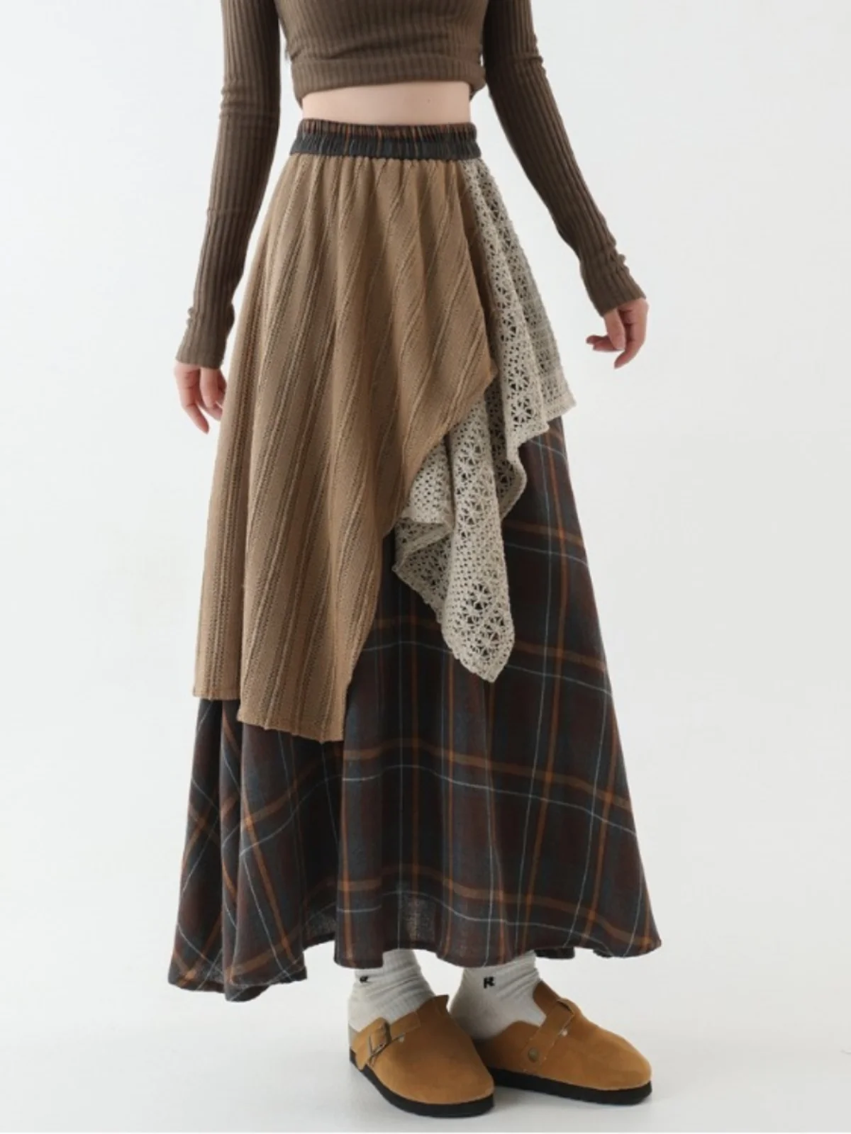 High Waist Asymmetrical Lace Splicing A-Line Midi Skirt Women's Flared Long Dress Slimming Plaid Umbrella Skirt Japanese Style