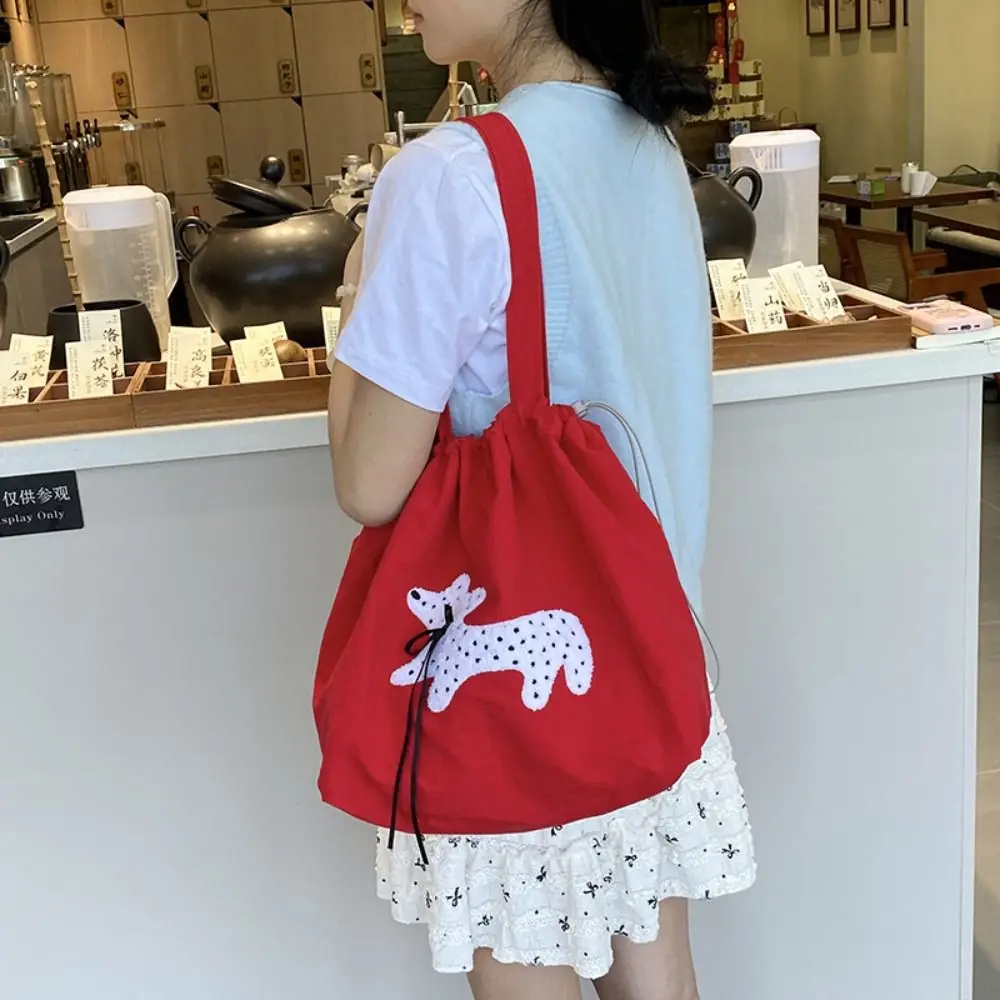 

Bow Spotted Embroidery Drawstring Shoulder Bag Embroidered Puppy Canvas Tote Bag Lightweight Large Capacity Women's Handbag
