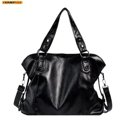 Homefish Capacity Black Shoulder Bags For Women Large Shopper Bag Solid Color Soft Leather Crossbody Handbag Travel Tote Bag