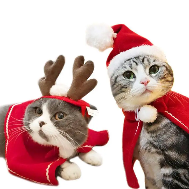 Funny Cat Christmas Costume Santa Cosplay Pet Christmas Cape Dress Up Clothes Warm Red Scarf Cloak With Hat Pet Accessories