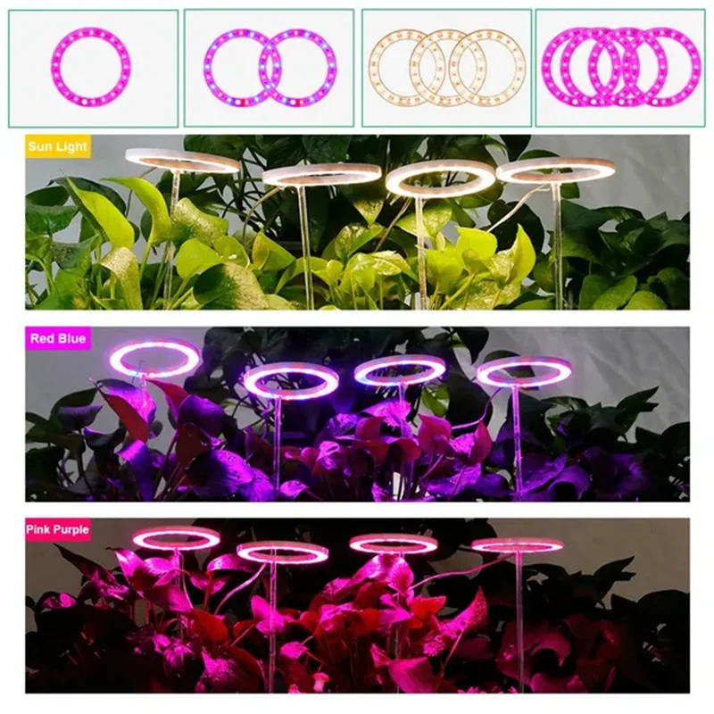 LED Angel Ring Plant Growth Light Full Spectrum Smart 8/12/16H Timer 5 Dimmable Levels Indoor Flower Vegetable Supplement Light