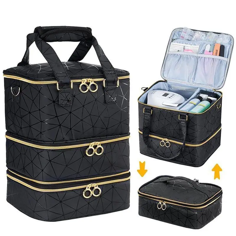 حقيبة تخزين أدوات الأظافر القابلة للفصل سهلة الاستخدام من جلد البولي يوريثان، حقيبة تنظيم طلاء الأظافر مكونة من 3 طبقات تتضمن مصباح الأظافر #5