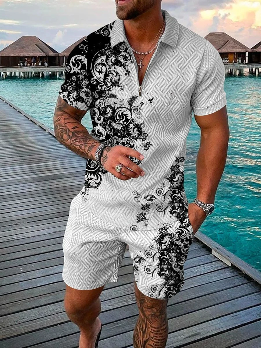 Man Clothes Boho Geometric Style 3D Print Men Polo shirts Set Zipper Lapel Polo Sets Zipper Collar+Shorts 2pcs Hawaii Holiday