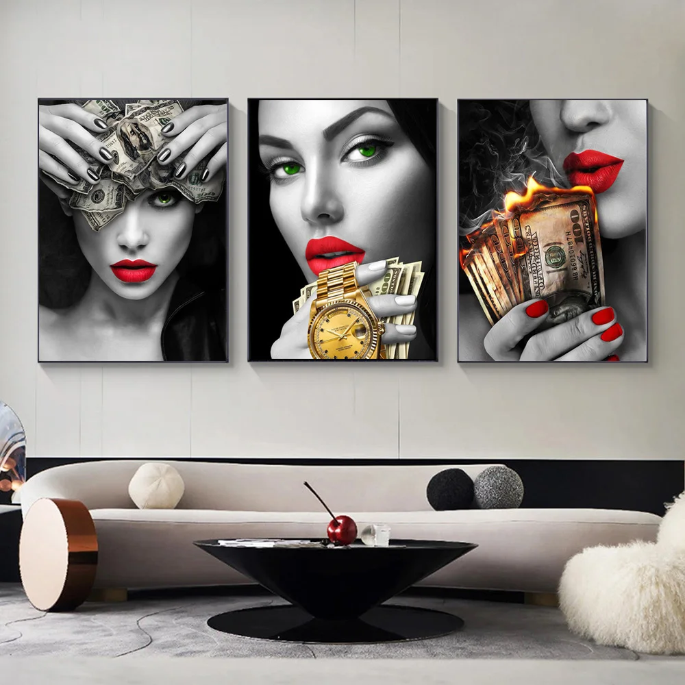 Black White Sexy Woman Smoking Red Lips Dollar Watch Wall Art Poster Prints Modern Home Decor Canvas Painting Living Room Murals