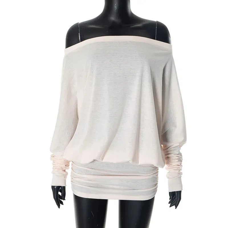 Niche Design Off Shoulder Asymmetrical One Shoulder Women’s Long Sleeve Irregular T Shirt Outerwear