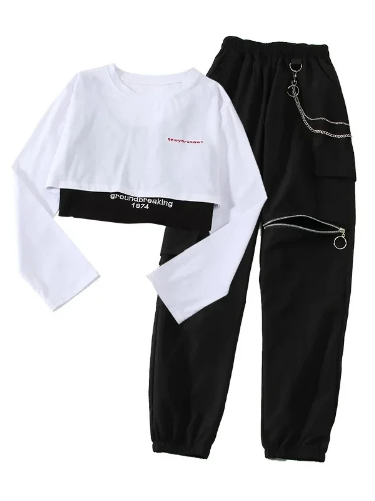 2025 Fashion Jogger 3 Piece Sets Women New High Waist Cargo Pants with Chain Streetwear Casual Hip Hop Long Sleeve Crop Tops