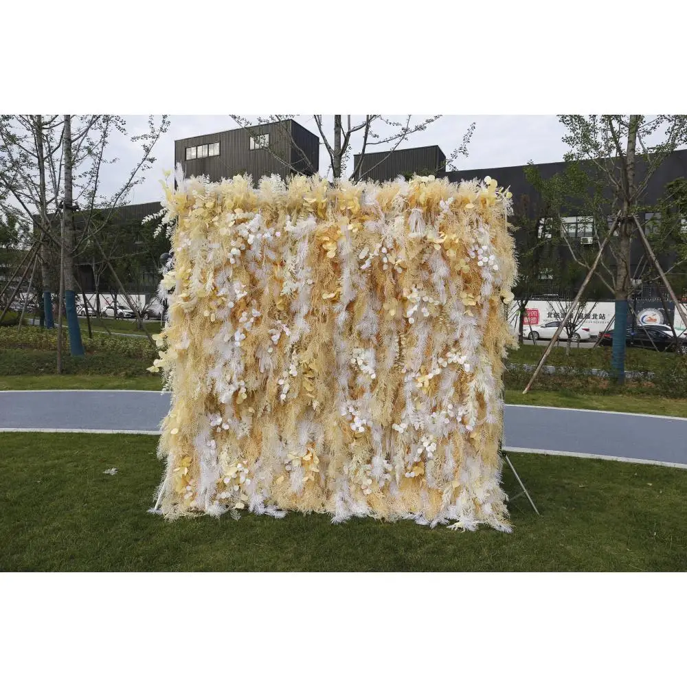 FSDKX Wedding Decor Fake Silk Rose Flower Backdrop Panel White Feather Wall Artificial Pampas Grass Wall