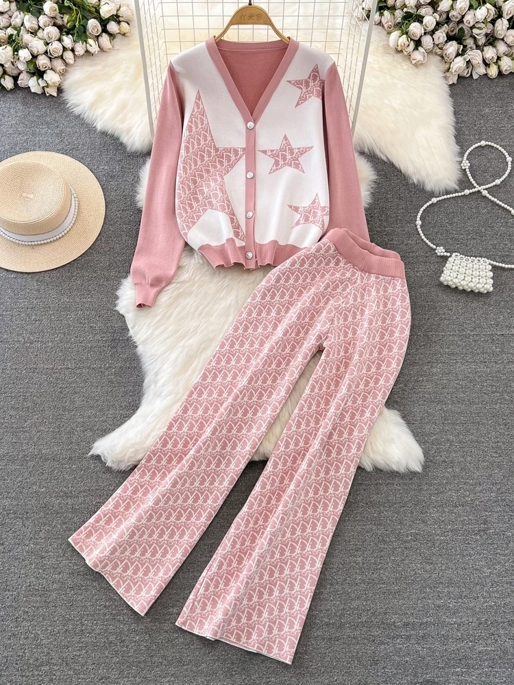 Elegant Casual Women\'s Fashion Knitted Cardigan Top High-waisted Bell Bottoms Two-piece Set V-neck Waist-fitted