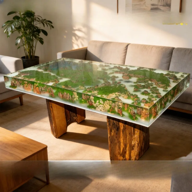 Resin plant mountain view cloud dining table, rectangular solid wood resin
