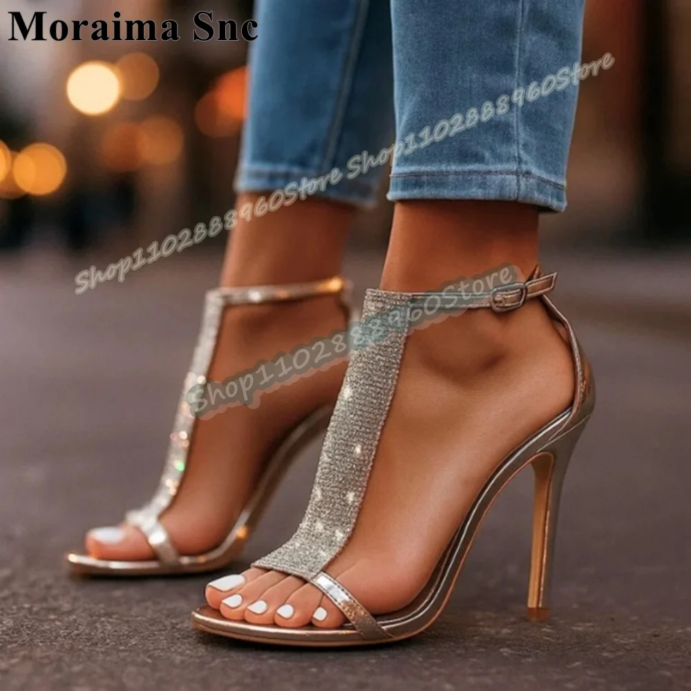 Metallic Glossy Leather Sparkling Crystals Sandals Thin High Heel Shoes For Women Ankle Buckle Strap Open Toe Zapatos Para Mujer