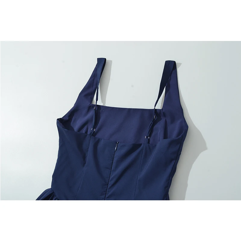 YENKYE Women Sexy Elegant Navy Blue Tank Dress Square Neck Low Waist A-line Midi Evening Party Dresses Summer Robe 2025